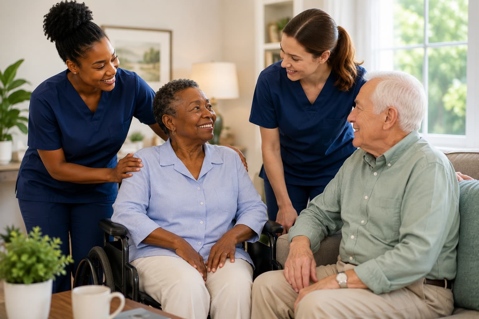Compassionate caregivers helping seniors at home